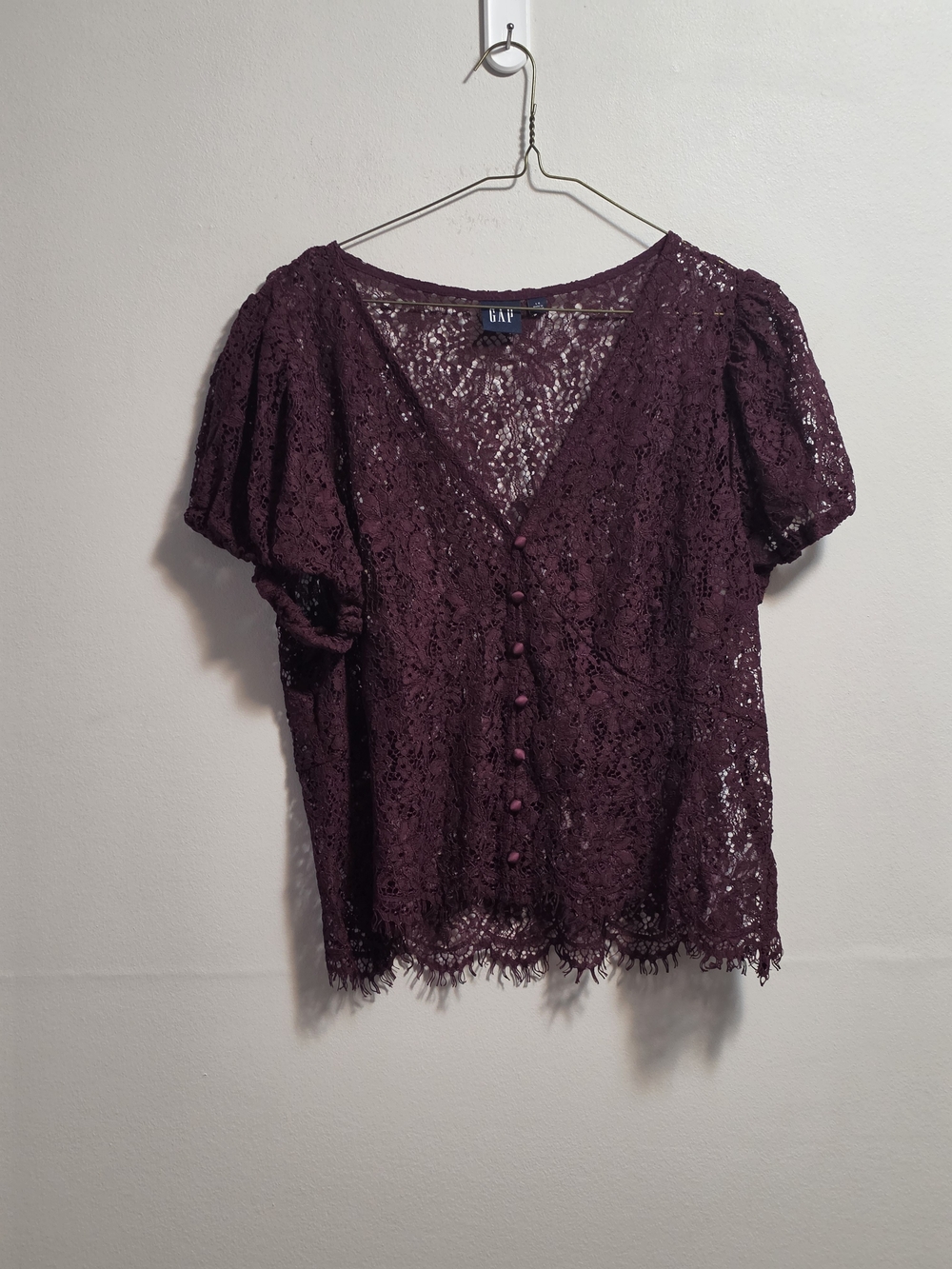 GAP Women's Lace Button-Front Top in Deep Burgundy